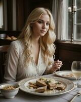 ai generado hermosa rubia niña sentado a el mesa con un lote de alimento. ai generativo foto