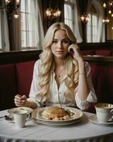 ai generado hermosa rubia niña sentado a el mesa con un lote de alimento. ai generativo foto