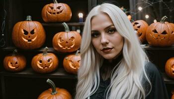 AI generated Beautiful young woman in black dress and hat on the background of Halloween pumpkins. ai generative photo
