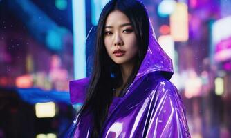 AI generated beautiful asian woman in purple raincoat walking in the city. ai generative photo