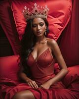 AI generated fashion interior photo of beautiful sensual woman with dark hair in luxurious dress and crown posing in bed. ai generative. ai generative