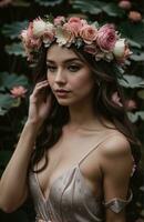 AI generated beautiful young woman with flowers in hair looking at camera isolated on grey. ai generative photo