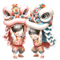 AI generated Watercolor clipart of Chinese Kids performing dragon dance. png