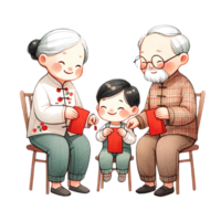 AI generated Chinese grandparent sending red packets to little boy clipart watercolor .AI Generate png