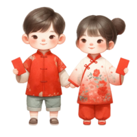 AI generated Cute asian boy and girl holding red envelopes for Chinese New Yearclipart watercolor .AI Generate png