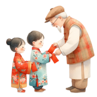 AI generated Chinese kids  receiving red packets from  grandfather clipart watercolor .AI Generate png