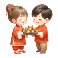 ai gerado fofa chinês Garoto e menina segurando ouro lingotes para chinês Novo ano clipart aguarela .ai gerar png
