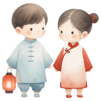 AI generated Chinese New Year boy and girl holding red paper lanterns clipart watercolor .AI Generate png