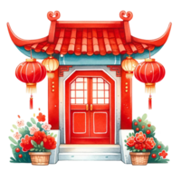 AI generated Watercolor chinese door with red lanterns and flowers .AI Generate png