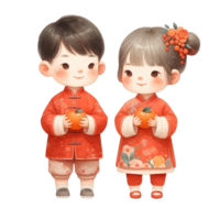 ai généré mignonne chinois fille et garçon dans traditionnel costume en portant mandarines clipart aquarelle .ai produire png