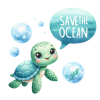 ai generado un Tortuga con un habla burbuja salvar el Oceano debajo agua acuarela ilustración. ai generar. png