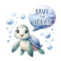 ai generado un Tortuga con un habla burbuja salvar el Oceano debajo agua acuarela ilustración. ai generar. png