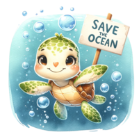 AI generated A turtle with  Save the Ocean banner  under water. watercolor illustration png