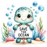 AI generated A turtle with  Save the Ocean banner  under water. watercolor illustration png