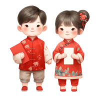 AI generated Cute asian boy and girl holding red envelopes for Chinese New Yearclipart watercolor .AI Generate png