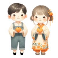 AI generated Cute Chinese girl and boy in traditional costume holding mandarins clipart watercolor .AI Generate png