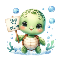 AI generated A turtle with  Save the Ocean banner  under water. watercolor illustration png