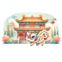 AI generated Watercolor clipart of lion dance on the background of the Chinese temple png
