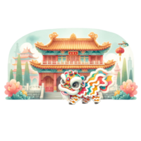 ai gegenereerd waterverf clip art van leeuw dans Aan de achtergrond van de Chinese tempel png