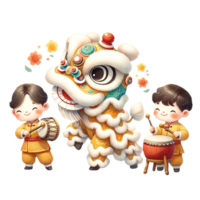 AI generated Watercolor clipart of Lion Dance Perform with Drummer boys. png