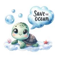 ai généré une tortue avec une discours bulle enregistrer le océan en dessous de l'eau aquarelle illustration. ai générer. png