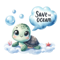 ai generado un Tortuga con un habla burbuja salvar el Oceano debajo agua acuarela ilustración. ai generar. png