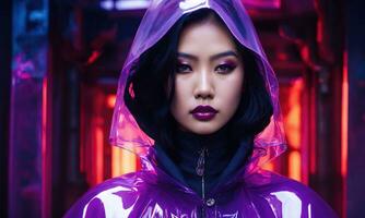 AI generated beautiful asian woman in purple raincoat walking in the city. ai generative photo