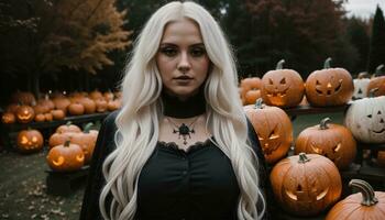 AI generated Beautiful young woman in black dress and hat on the background of Halloween pumpkins. ai generative photo