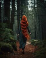 AI generated Beautiful redhead girl with long curly hair in a dark forest. ai generative photo