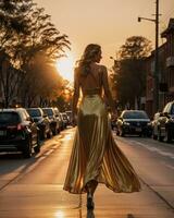 AI generated Beautiful young woman in a long yellow dress walking on the street at sunset. ai generative photo