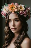 AI generated beautiful young woman with flowers in hair looking at camera isolated on grey. ai generative photo