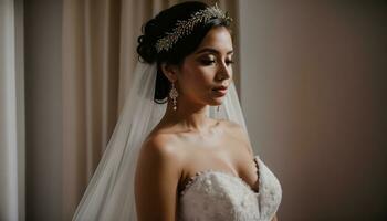 AI generated Beautiful bride in white wedding dress posing. ai generative photo