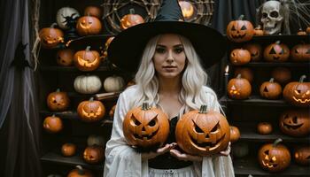 AI generated Beautiful young woman in black dress and hat on the background of Halloween pumpkins. ai generative photo