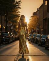 AI generated Beautiful young woman in a long yellow dress walking on the street at sunset. ai generative photo