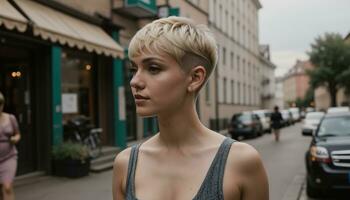 ai generado hermosa joven mujer en un hermosa vestir en el calle de el ciudad. ai generativo foto