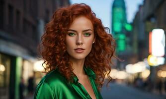 ai generado hermosa joven mujer con rojo Rizado pelo en un verde vestir en el ciudad a noche. ai generativo foto