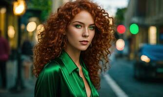 ai generado hermosa joven mujer con rojo Rizado pelo en un verde vestir en el ciudad a noche. ai generativo foto