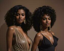 AI generated beautiful african american women in evening dresses posing in studio. ai generative photo