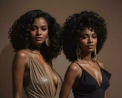 AI generated beautiful african american women in evening dresses posing in studio. ai generative photo