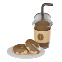 Icon of coffee frappe and donut for sweet indulgence. 3D Render png