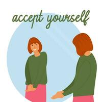 The girl looks in the mirror. The concept of self-assessment. Accept yourself. Positive attitude of the body. Reconciliation vector