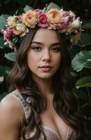 ai generado hermosa joven mujer con flores en pelo mirando a cámara aislado en gris. ai generativo foto