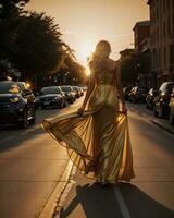 AI generated Beautiful young woman in a long yellow dress walking on the street at sunset. ai generative photo
