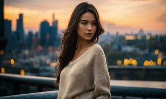 AI generated Portrait of a beautiful young woman in the city at sunset. ai generative photo