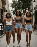 ai generado grupo de joven hermosa africano americano mujer en pantalones pantalones cortos caminando en el ciudad. ai generativo foto
