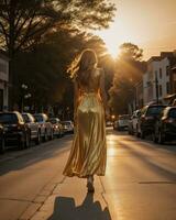 AI generated Beautiful young woman in a long yellow dress walking on the street at sunset. ai generative photo