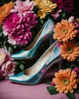 ai generado Boda Zapatos con alto tacones en un antecedentes de flores ai generativo foto