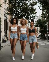 AI generated Group of young beautiful african american women in jeans shorts walking in the city. ai generative photo