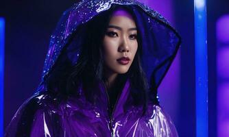 AI generated beautiful asian woman in purple raincoat walking in the city. ai generative photo