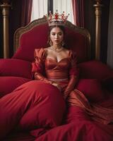 AI generated fashion interior photo of beautiful sensual woman with dark hair in luxurious dress and crown posing in bed. ai generative. ai generative